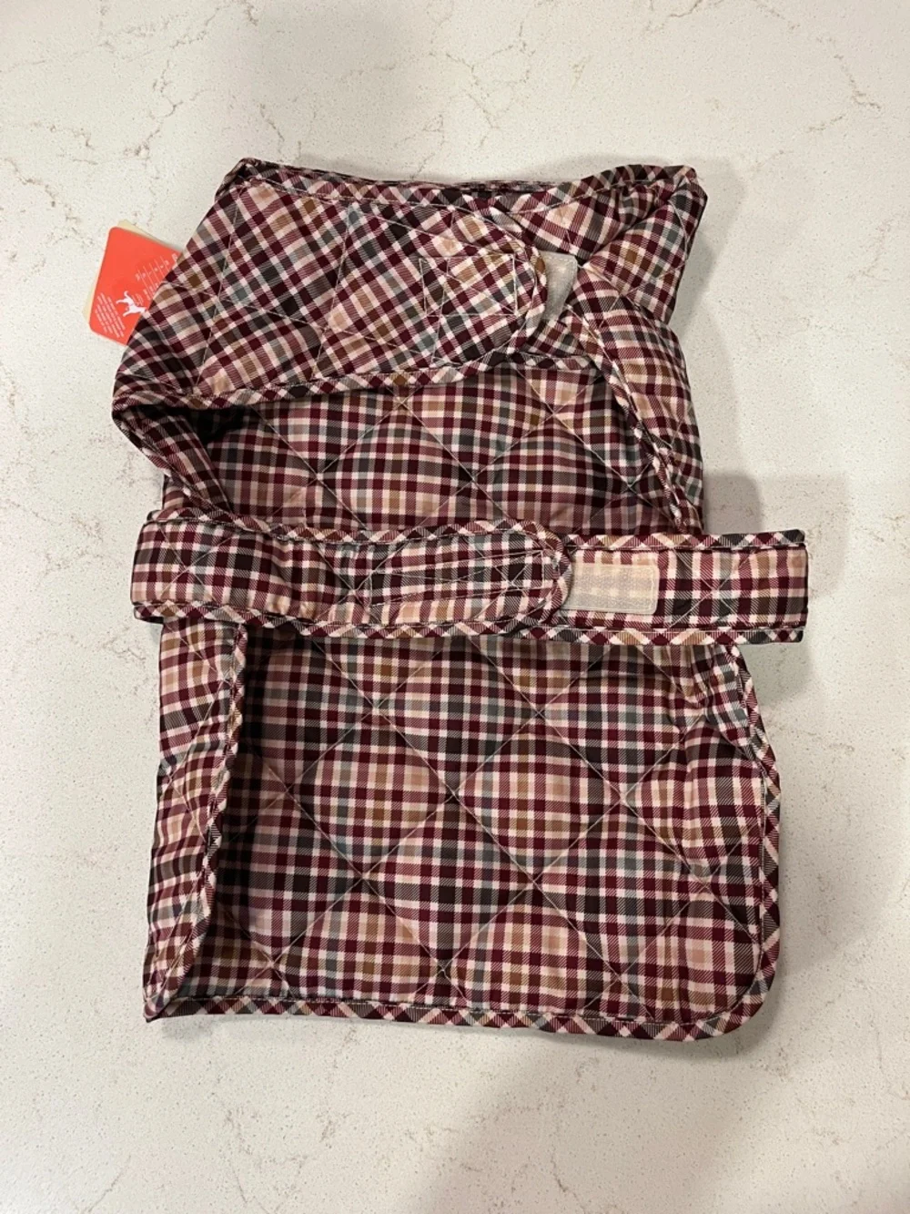St. John's Bay Quilted Plaid Dog Coat in Burgundy, Cream, Brown